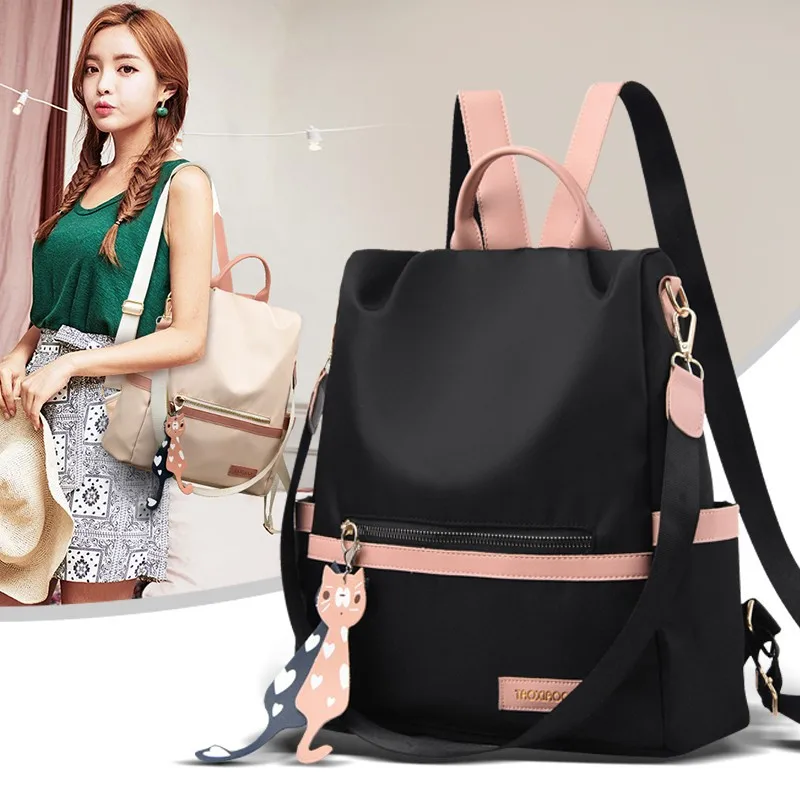 Women Anti Theft Backpack Purse Contrast Pink Trim Nylon Travel Daypack with Cute Cat Pendant Multi Pockets Convertible Shoulder