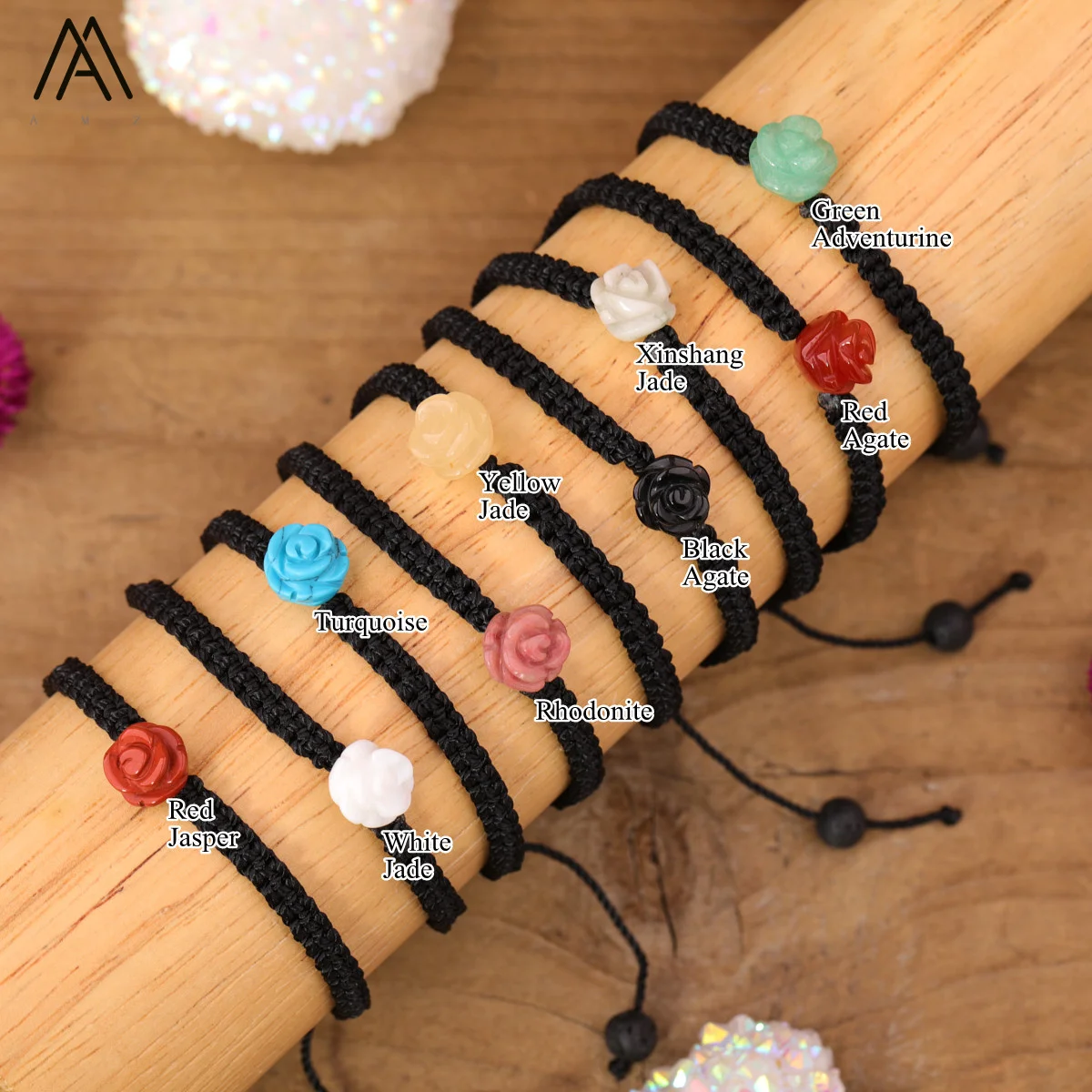 Pulsera minimalista de flores rosas, cuentas de piedra talladas a mano, joyería de cristal curativo, regalo de San Valentín de amor