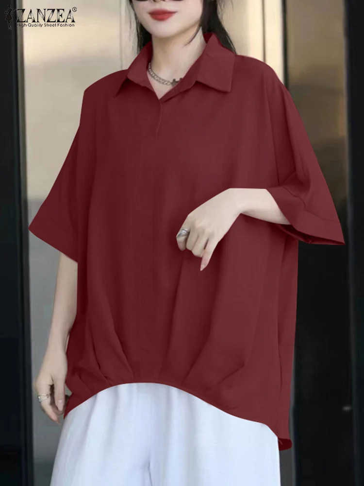 

ZANZEA Summer Lapel Neck Short Sleeve Blouse Oversize Women Shirt Casual Solid Baggy Blusas Fashion OL Work Tops Tunic Femme