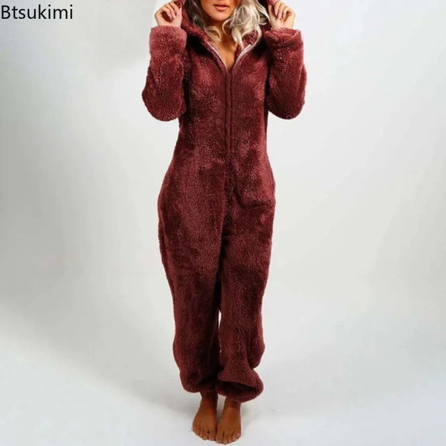 New 2025 Autumn Winter Jumpsuit One-Piece Pajamas For Women Hooded Sleepwear Coral Fleece Warm Cute Long Homewear Female Sets