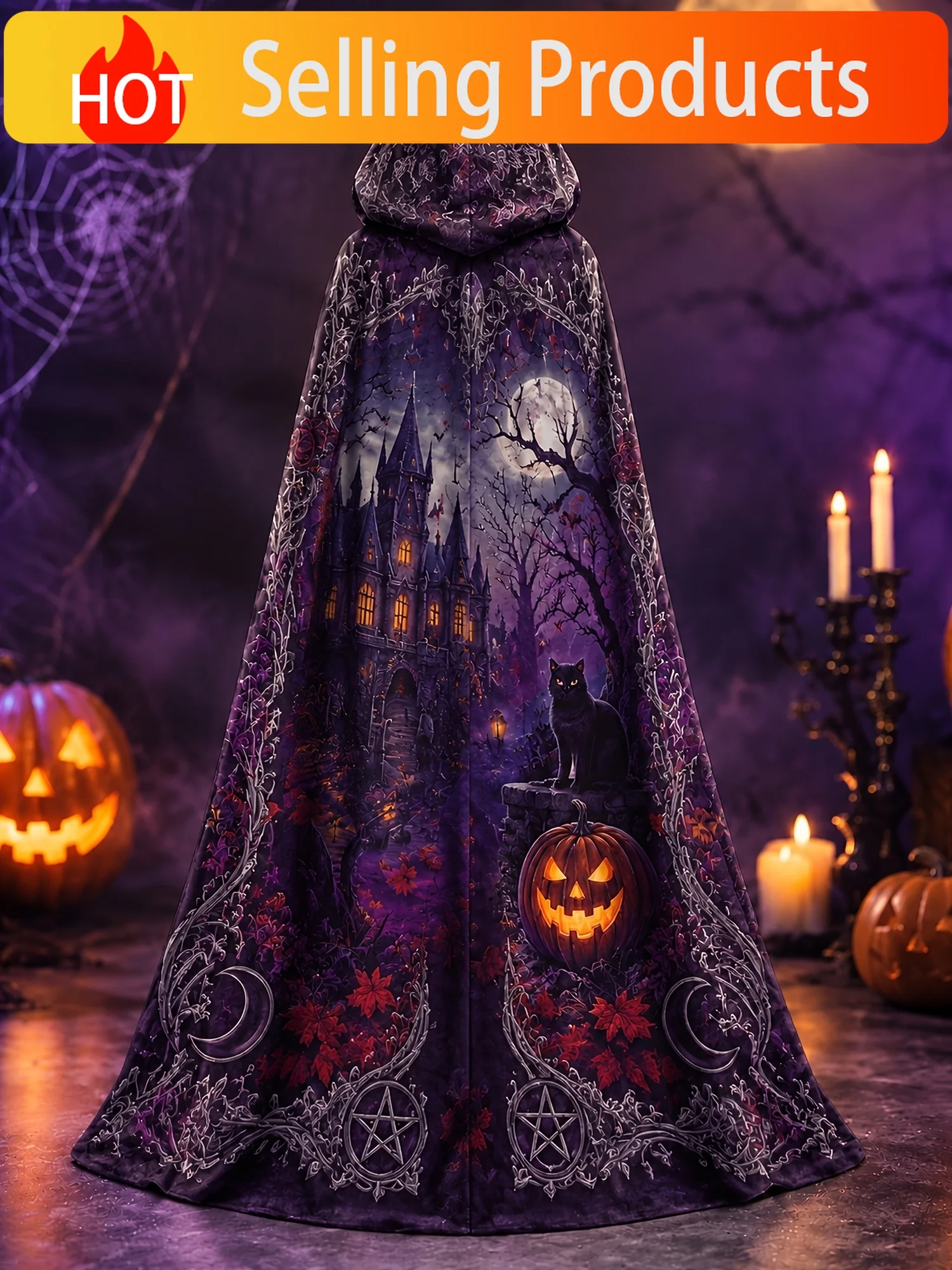 [Printed Design - Not Textured] Women'S Halloween Costume Hooded Robe, Gothic Halloween Scene with Ghost Castle And Black Cat, I