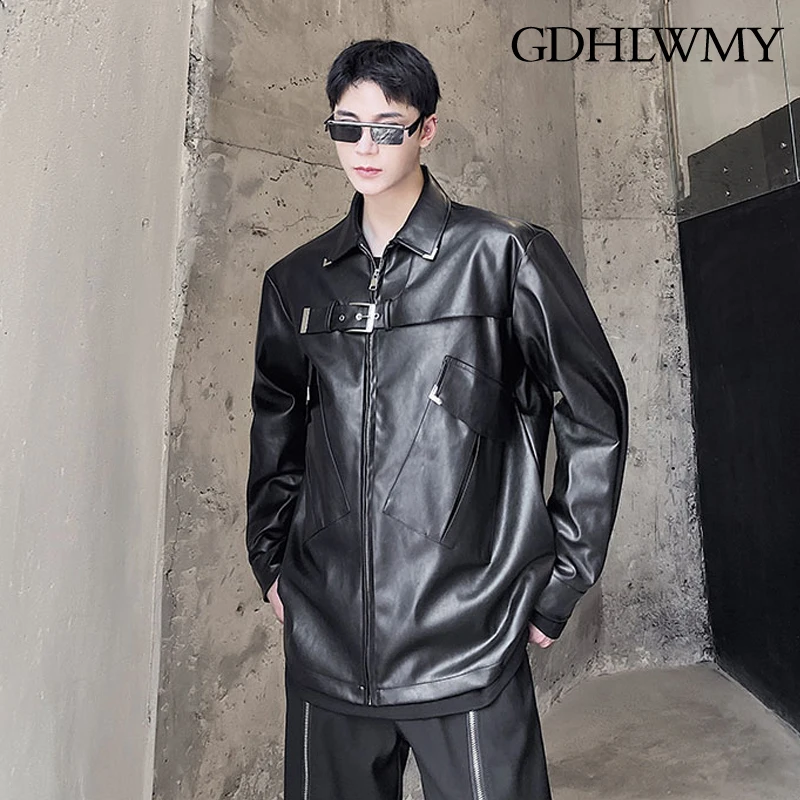 GDHLWMY Autumn and winter niche personalized functional style loop with metal tag design zipper men's leather jacket trend