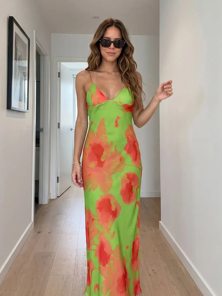Vestido de Verano para Mujer, Sexy y Cómodo, con Tirantes Finos, Estampado, Corte en A, Cuello en V, Espalda Descubierta, para la Playa