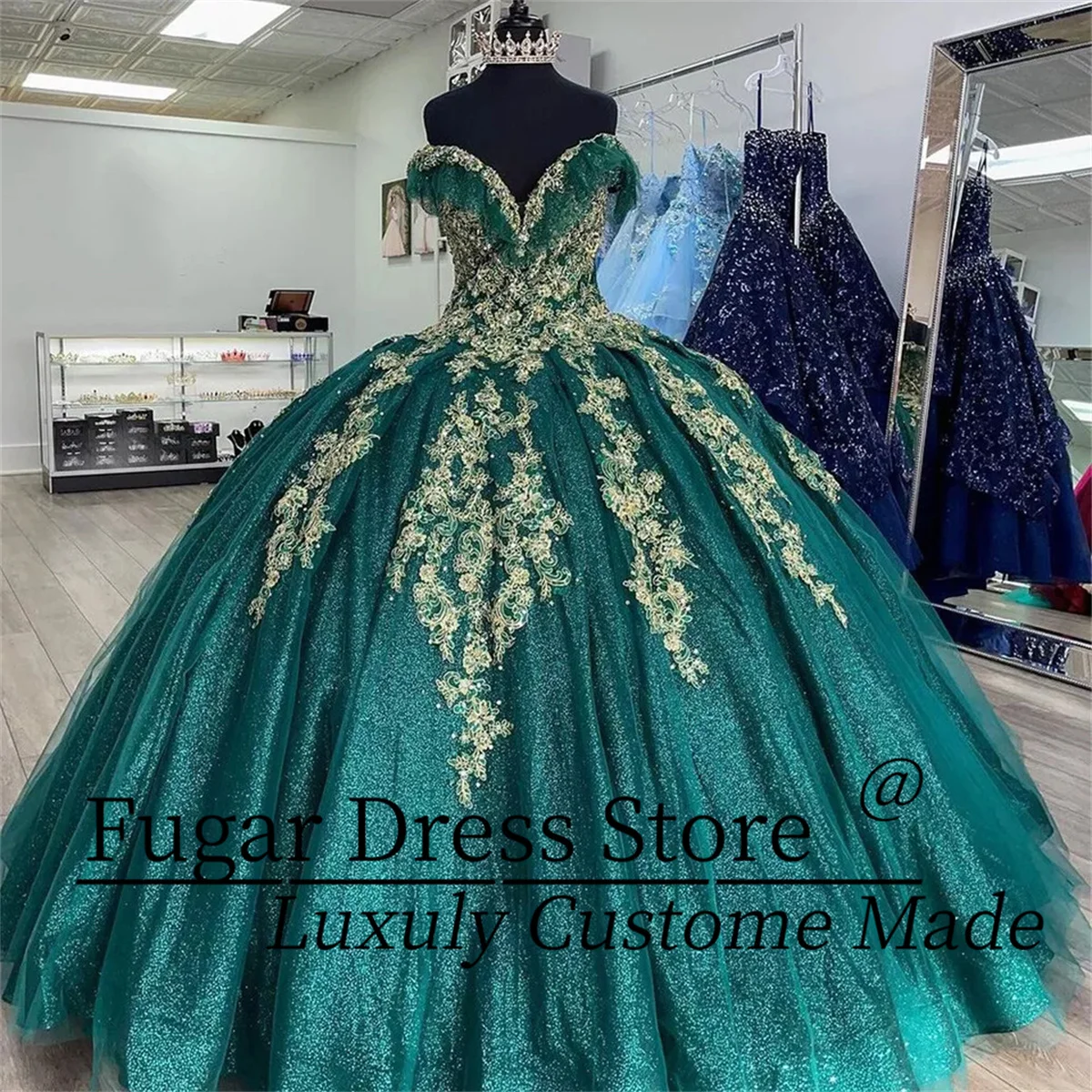 High-end Emerald Green Red Quinceanera Dresses Prom Party Off Shoulder Luxuly Shiny Gold Lace Sweet 16 Dress Party Wear