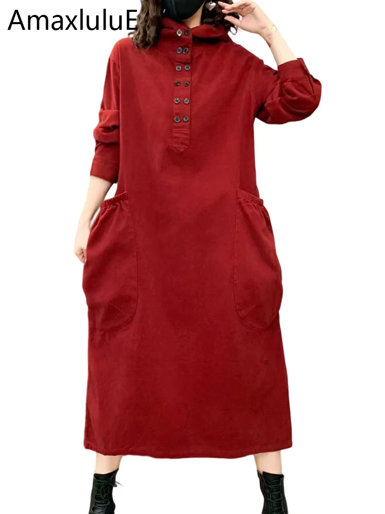 Amax LuluE Koreanische 2025, Herbst-Damenmode mit Kapuze, lose Vintage-Kleider, Damen, klassische Freizeit, Vestidos, elegante feste Kleidung