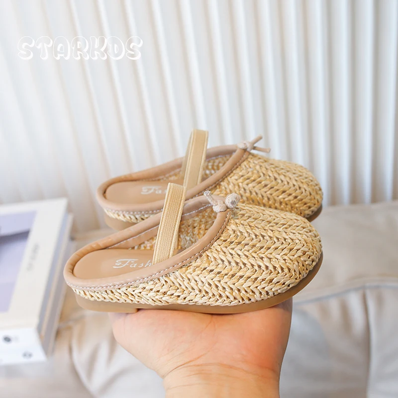 Natural Vine Straw Weaved Mule Shoes Kids Breathable Braided Sandals Baby Girls Soft Sole Flat Clog Slippers with Elastic Band