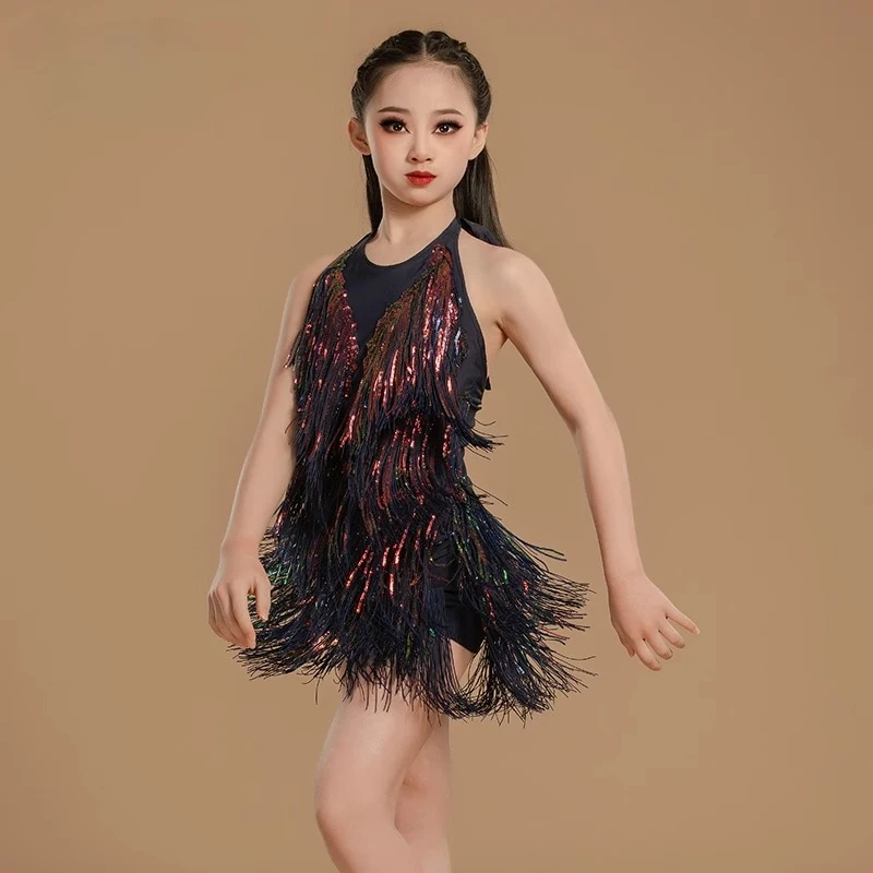 

Colorful Latin Dance Costume Performance Costume Sequined Tassel Girls Latin Dance Skirt