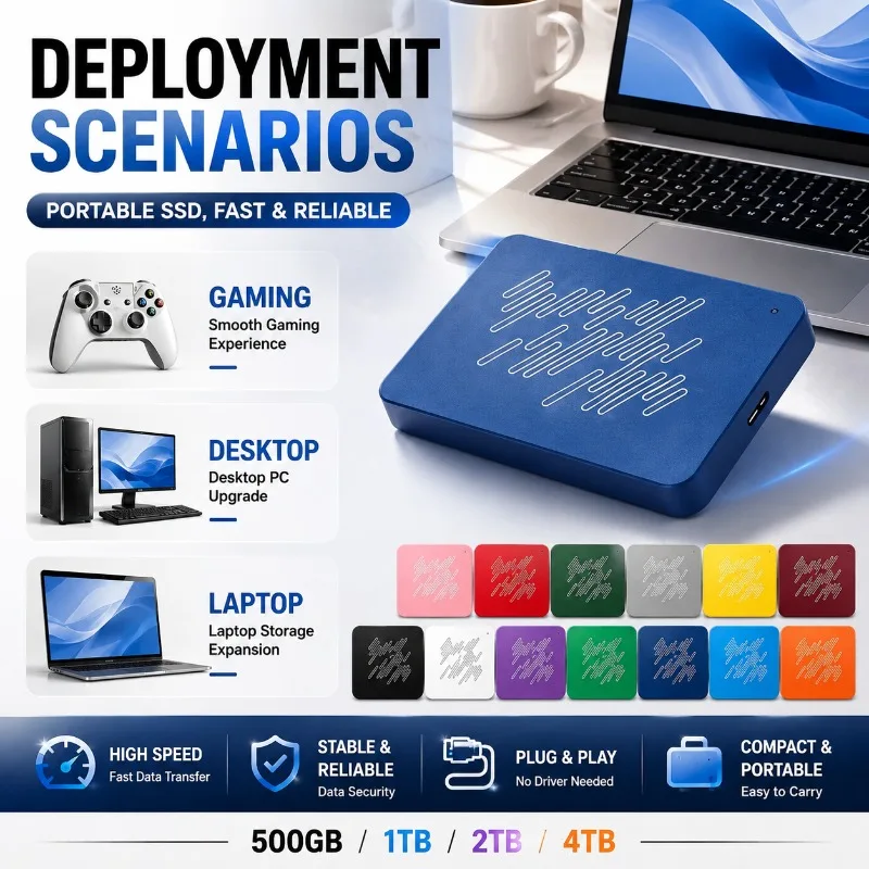 Portable A3 Series USB3.0 SSD External Hard Drive, 500GB 1TB 2TB 4TB Black Solid State Disk for Gaming Console & Office Gift