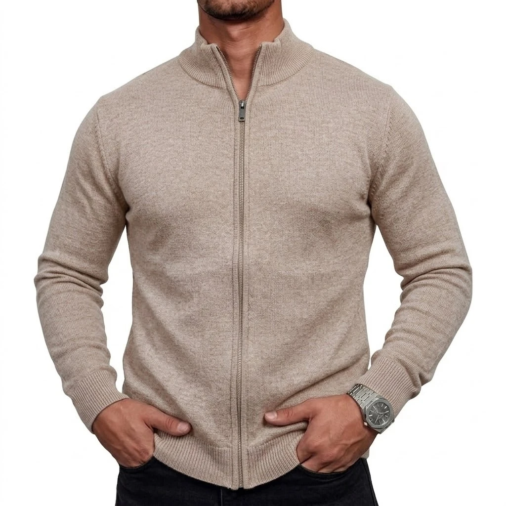 Herren-Strickjacke mit hohem Kragen und Reißverschluss, langärmelig, lässige Strickjacke, Mantel, Thermo-Strickware, Winter-Oberbekleidung mit Stehkragen – Detail 4