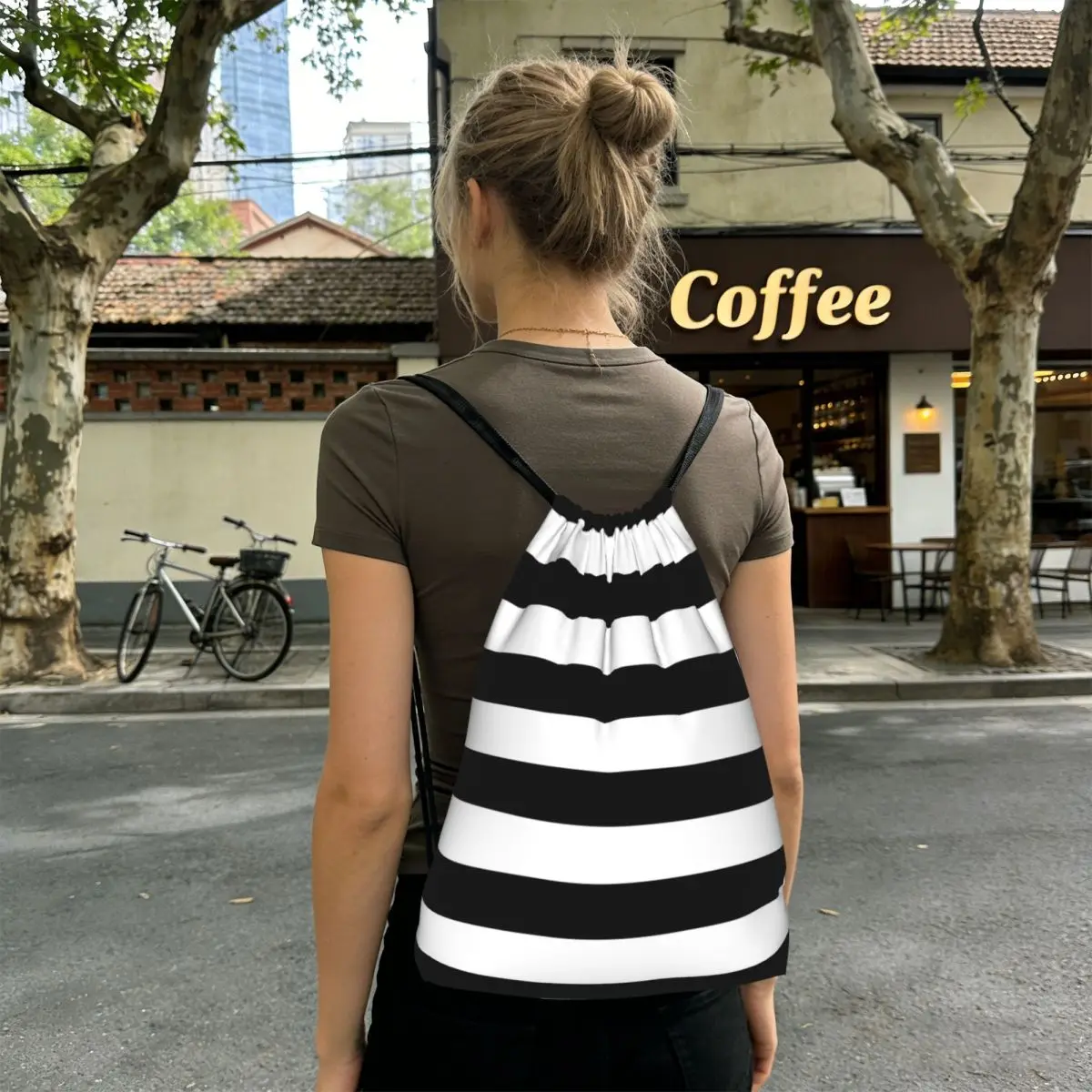 

Black White Stripes Backpacks Multi-function Drawstring Bags Storage Bag Book Bags for Travel Students