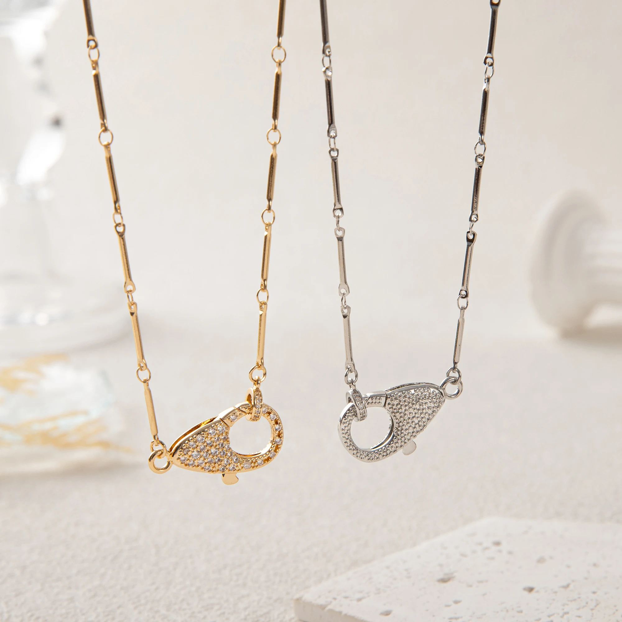 

Inlaid diamond buckle pendant necklace bamboo chain DIY handmade chain copper material gold-plated
