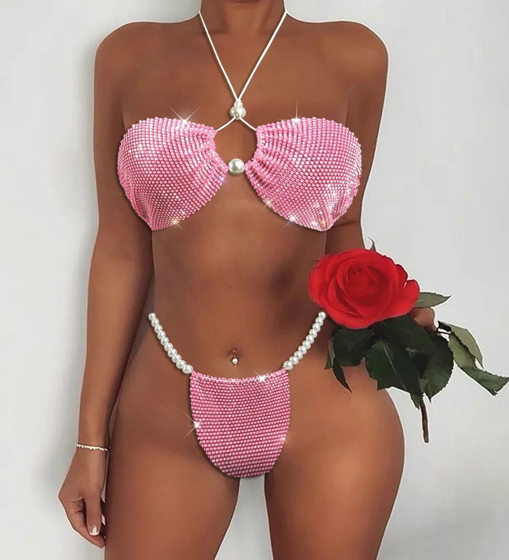 Sexy Crystal Rhinestone Bikini Set for Women - Sheer Pearl Swimwear & Cover-Up, 2024 Beachwear Swimsuit