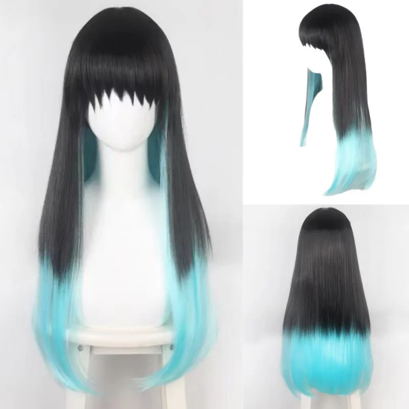 Slightly Curled Bangs Wig Black to Green Gradient Cosplay