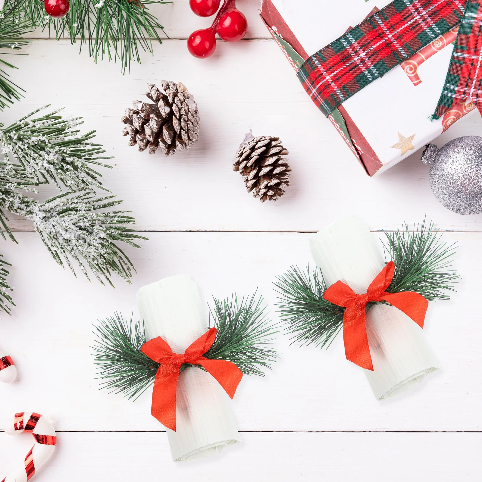 

6pcs Napkin Rings Rings Reusable Tear Resistant Vivid Colors Home Decor Holiday Candles Wreath Simulated Pine Needle