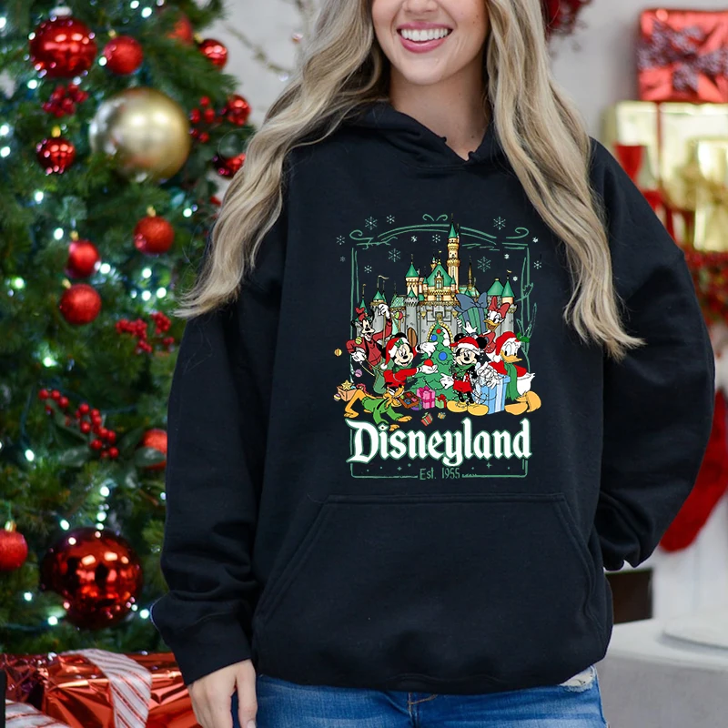 Disney Mickey Mouse Donald Duck Printed Women\'s Christmas Hoodie Sports Sweater Adult Black Top Loose Women\'s Clothing