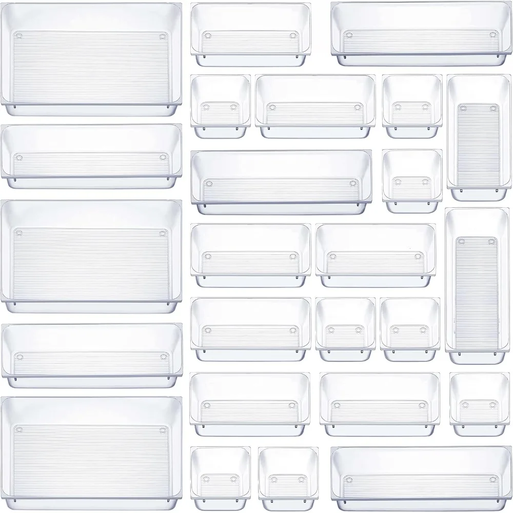 

25 PCS Clear Plastic Drawer Organizers Set, 4-Size Versatile Bathroom and Vanity Drawer Organizer Trays, Storage Bins for Makeup