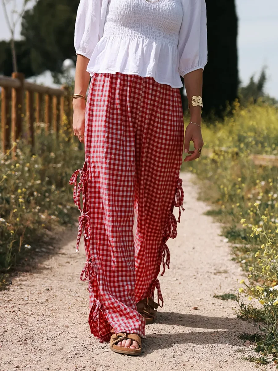 

Women Y2k Plaid Long Pants Side Tie-Up Loose Trousers Gingham Pjs Trousers 2024 Casual Sweatpants Bottoms