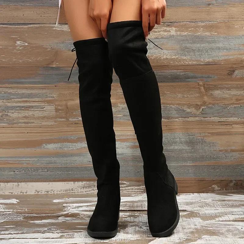 Fashion Slim Over The Knee Boots Women Autumn Winter Short Plush Long Boots Woman Black Flock Low Heel Thigh High Botas Big Size