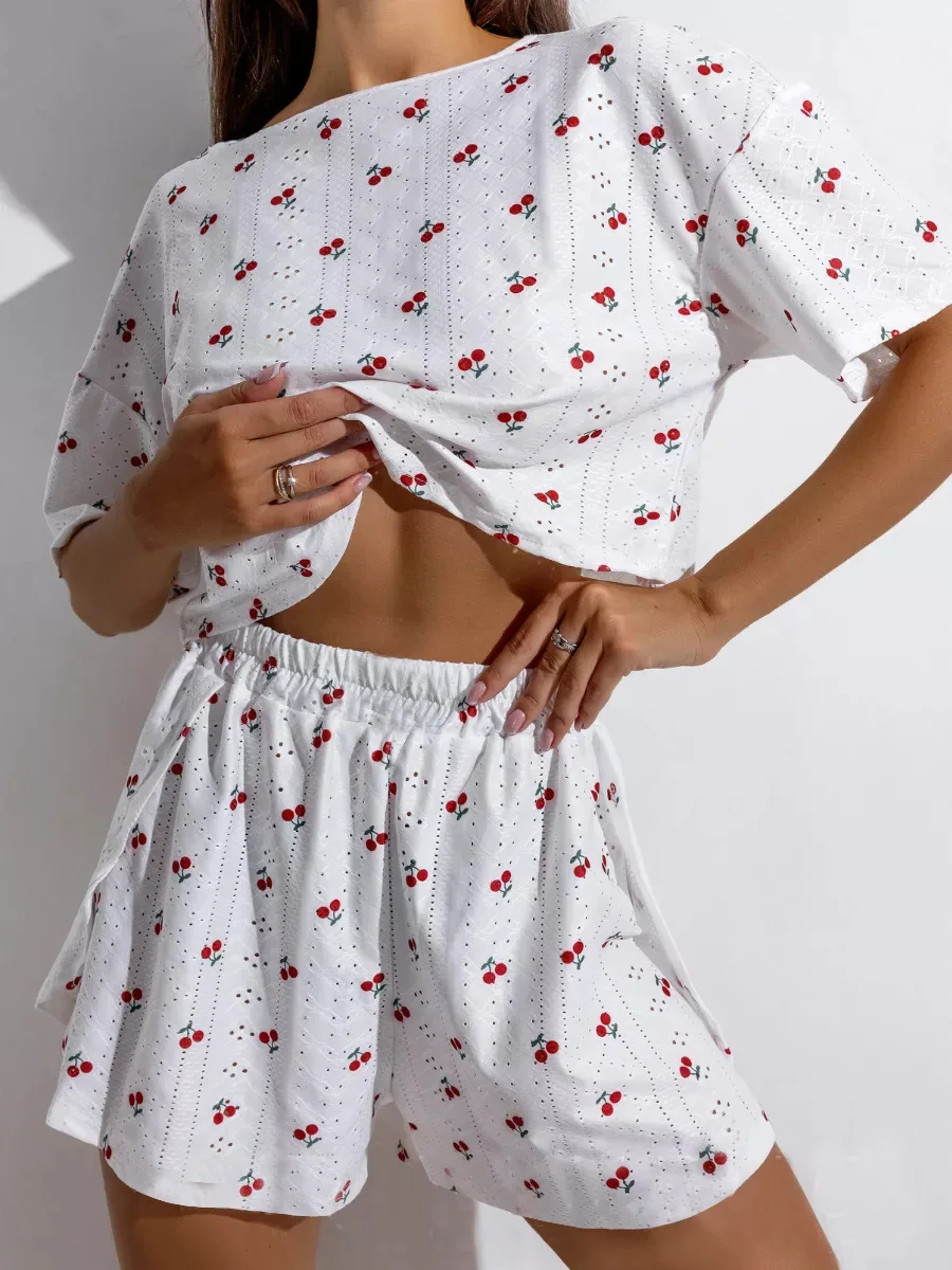 Conjunto de pijamas femininos venda quente solúvel em água jacquard impressão amor shorts pijamas casuais loungewear conjunto respirável de duas peças