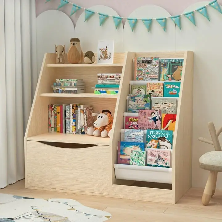 

3 Tier Kids Bookshelf and Book Storage，6 Sling Toddler Bookshelf, Storage Boxes Book Shelf & Organizer for Nursery