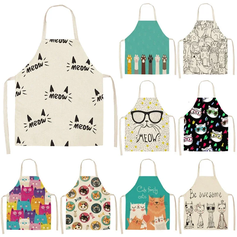 Cute Cat Pattern Kitchen Apron Antifouling Oil Proof Men\'s and Women\'s Kitchen Apron Hairdresser Cafe Kitchen Apron Barbacoa