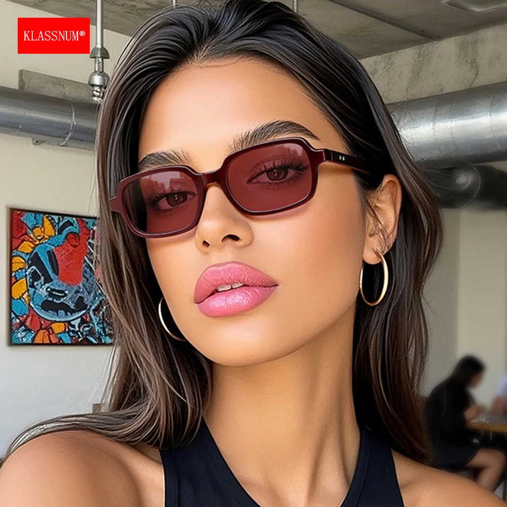 KLASSNUM 2026 Trendy Rectangle Sunglasses Women Luxury Brand Designer Vintage Sun Glasses Black Red Color Lens Ladies Eyepiece