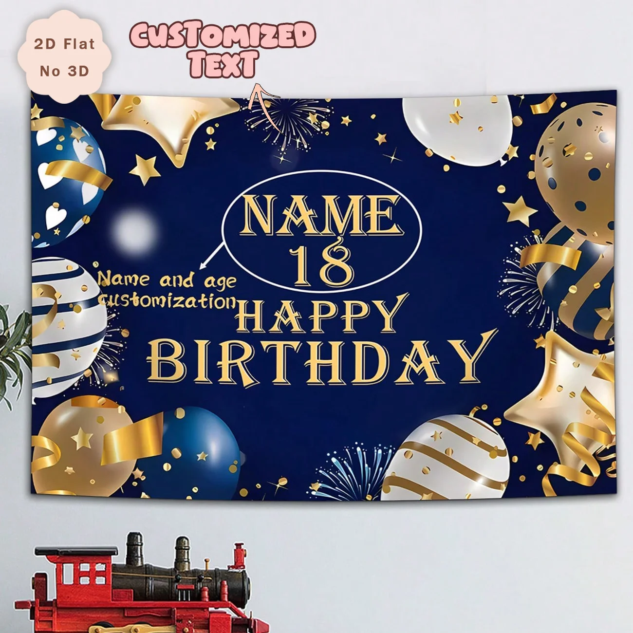 Personalisierter Wandteppich zum 18. Geburtstag mit Namen und Alter, personalisierte Party-Hintergrunddekoration in Blau und Gold