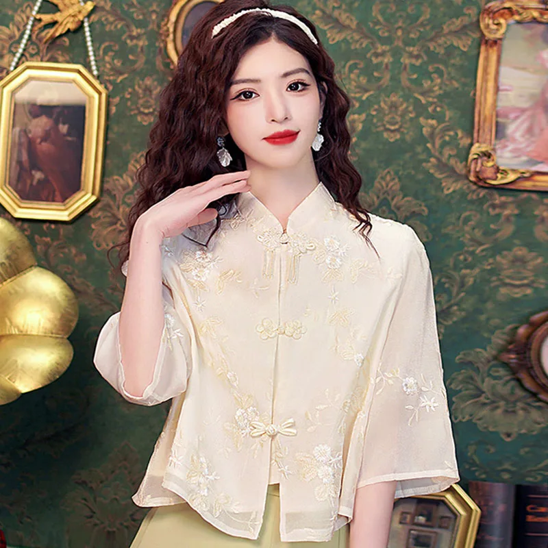 Fashion Chinese Style Embroidery Women Shirt Blouse Tops Blusas Mujer De Moda 2024 Verano Stand Collar Shirt Women Shirts H550