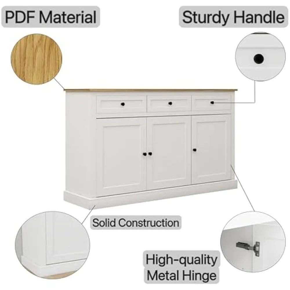 Armoire de Rangement Buffet Ferme, Serveur Bar, Armoire à Vin avec 3 Broches de proximité et 3 Portes, Étagères Réglables, Blanc