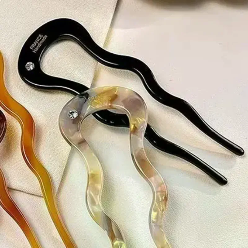 Grampo de cabelo torcido francês, grampo de cabelo de acetato ondulado em forma de u, vintage, concha de tartaruga, coque de cabelo feminino, acessórios de chapéu