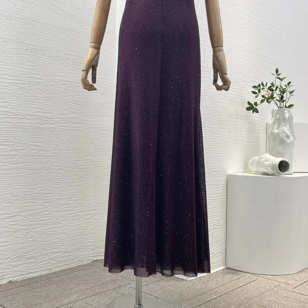 Robe de soirée longue sirène à manches courtes pour femmes, design plissé asymétrique, diamants rouges découpés, élégant, quel que soit