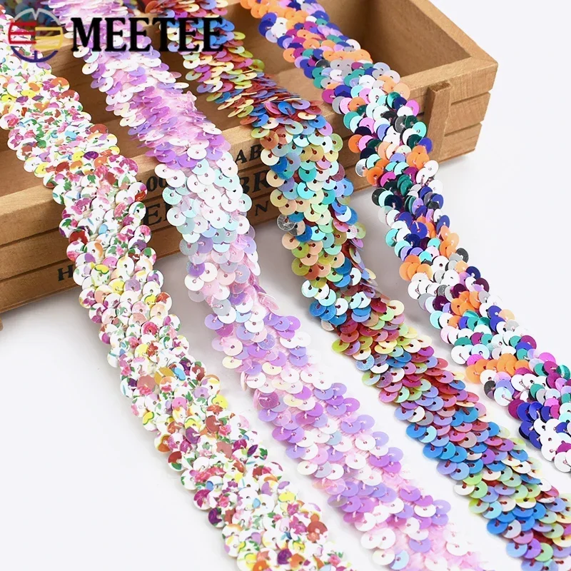 2/5/10Meters Meetee 3cm Strech Sequin Ribbons Elastic Lace Trims for Sewing Paillettes Dance Dress Fabric Clothing Accessories