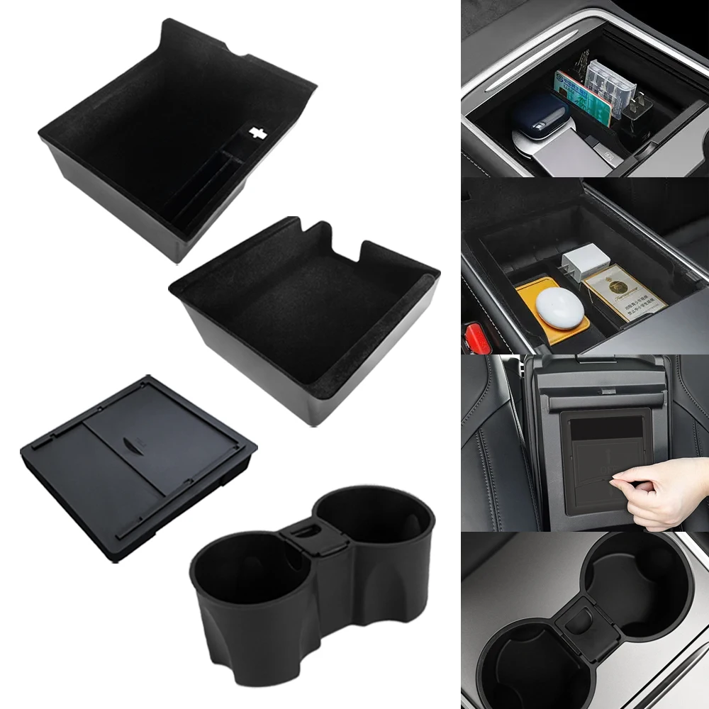 For Tesla Model Y Hidden Storage Box Car Center Console Armrest Front and Rear Flocking Layered Grid Organized Container Slide