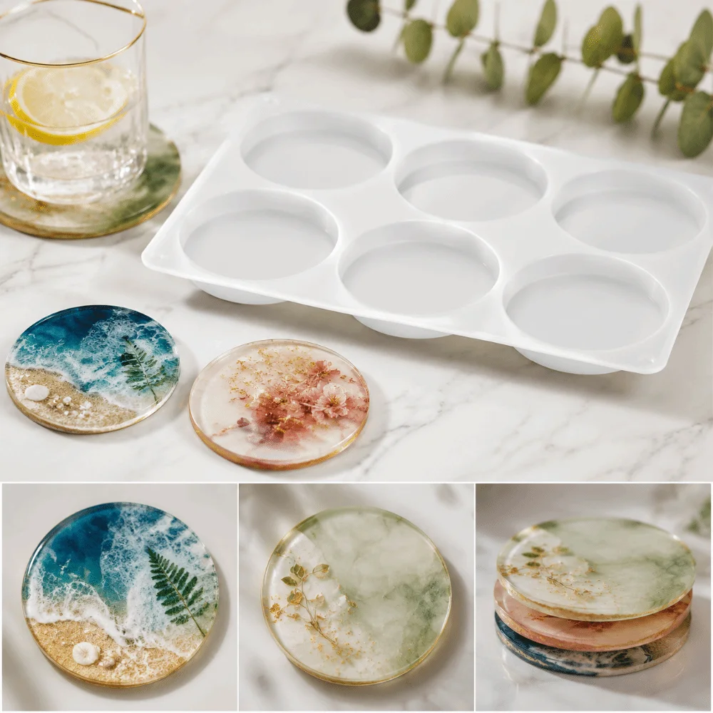 Random Color Resin Coaster Molds 6-Cavity 3.8 Inch Deep Silicone Coaster Molds Round Shape Reusable Handmade Coaster Molds