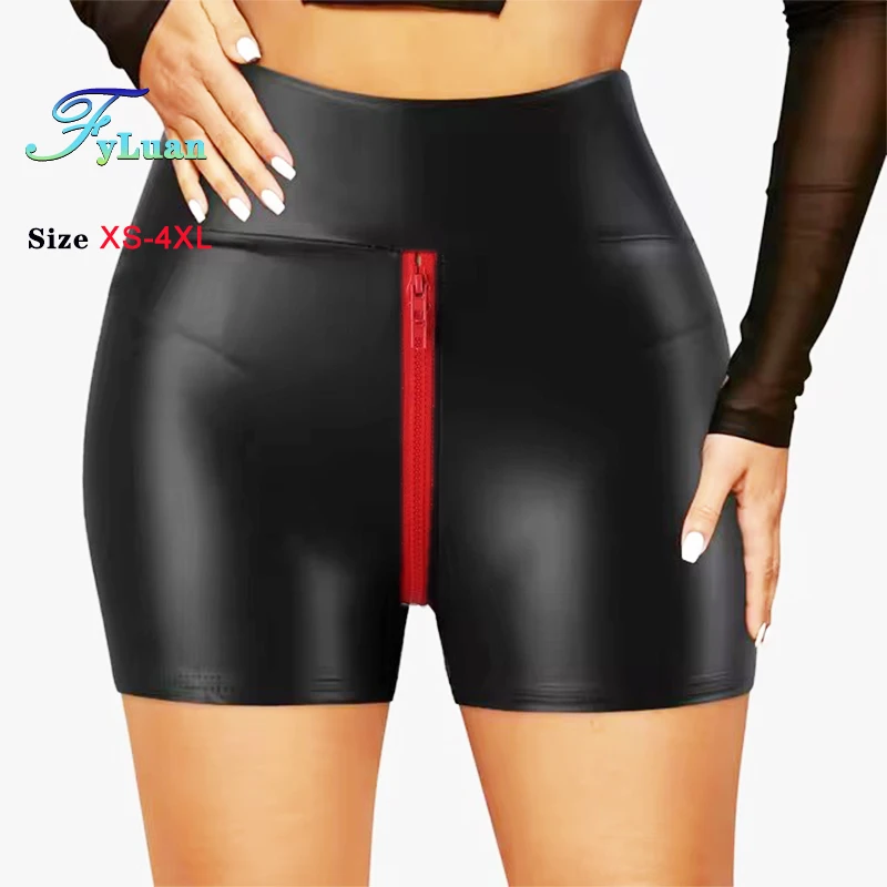 

Mate PU Hot Pants Double Zipper Women Shorts Butt Lift Slim Shorts Vintage High Waist Elastic Tights Pants Pole Dance Clubwear