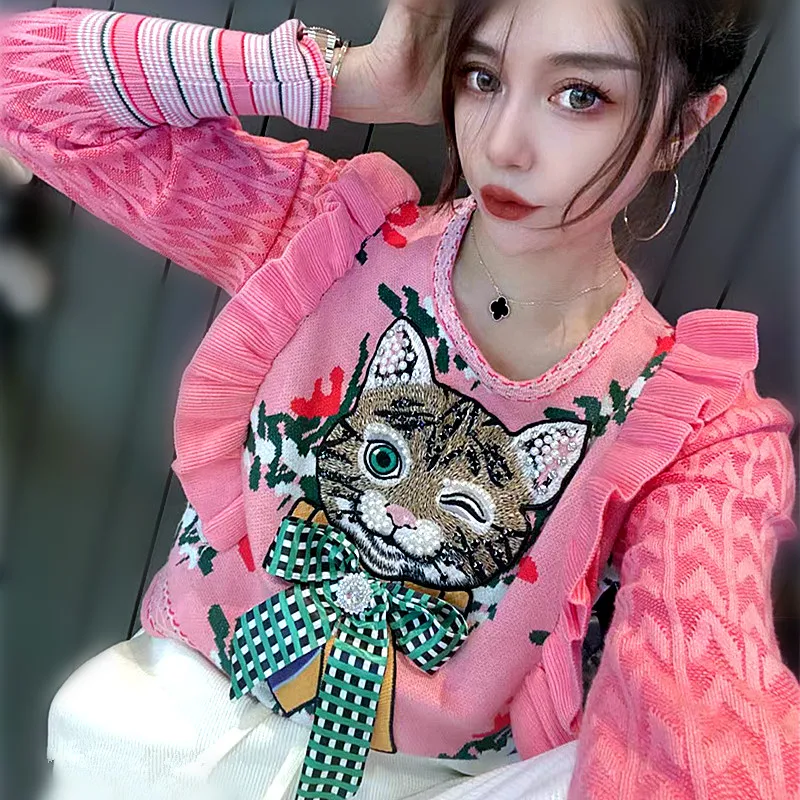 Women New Pink Sweaters Cat Embroidery Beadings Appliques Pullovers Winter Autumn Lady Knitted Ruffles Cute Jumpers Tops NS866