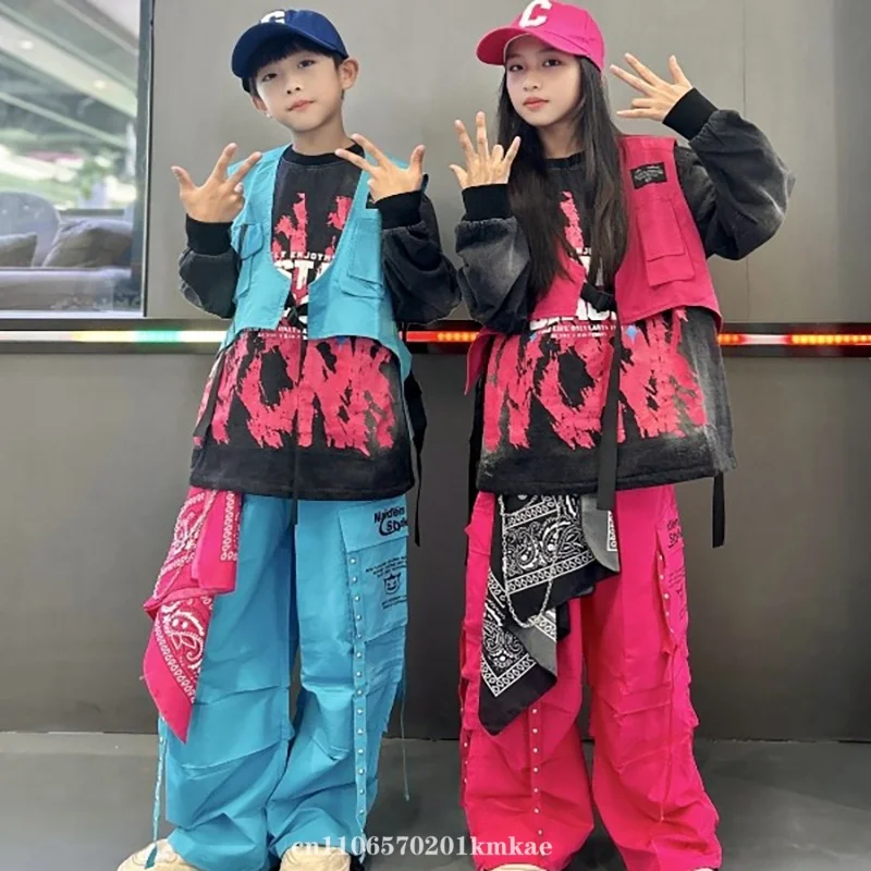 ヒップホップダンス服-ピンク-ブルー-ベスト-パンツ-ルーズ-ストリートダンス-パフォーマンスコスチューム-男の子-女の子-ジャズ-ステージウェア-レイブ服-キッズ