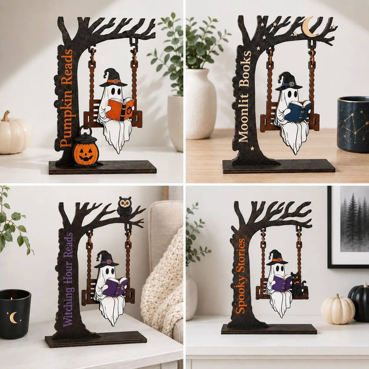 Reading Ghost on Swing Wooden Figurine Hand Carved Statue Spooky Bookshelf Ornament for Halloween Home Decor Study Room Desk