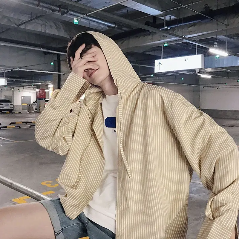 أنيقة الرجال الكورية نمط العصرية مقنعين فضفاضة مخطط قميص طويل الأكمام سترة رقيقة