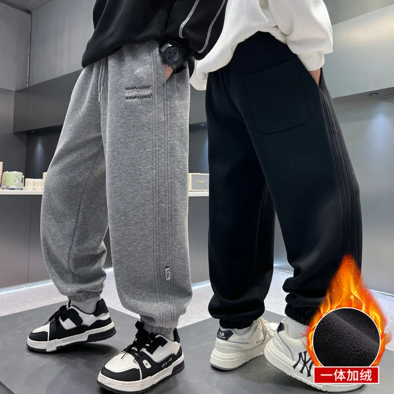 

Autumn Winter Kids Teenage Boys Casual Sport Pants Fleece Trousers Jogger Pant for Children Loose Sweatpants Warm Boys Clothes