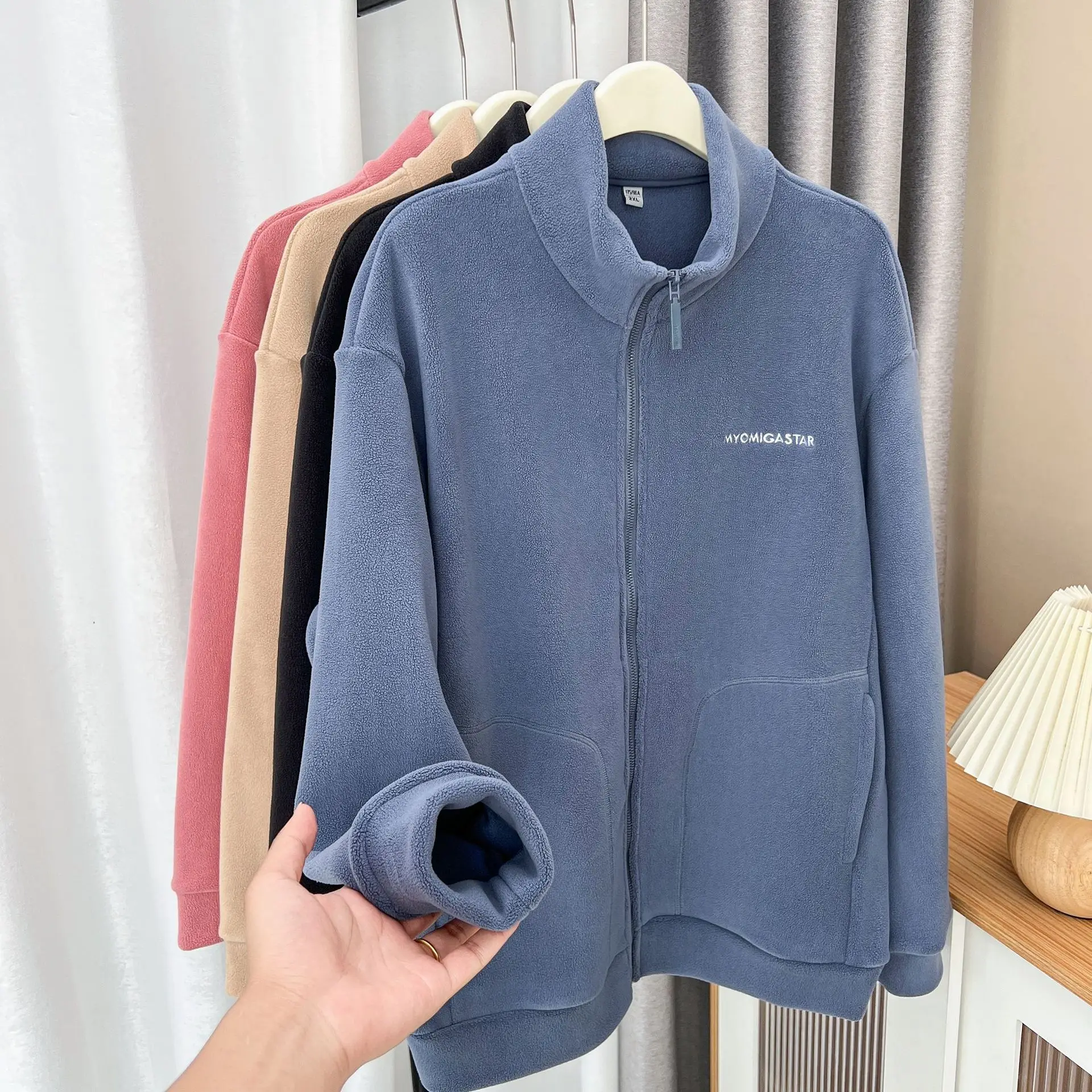 Chaqueta con capucha de lana de talla grande para mujer, ropa informal de moda, cuello alto, cremallera gruesa, prendas de vestir, abrigos de mangas