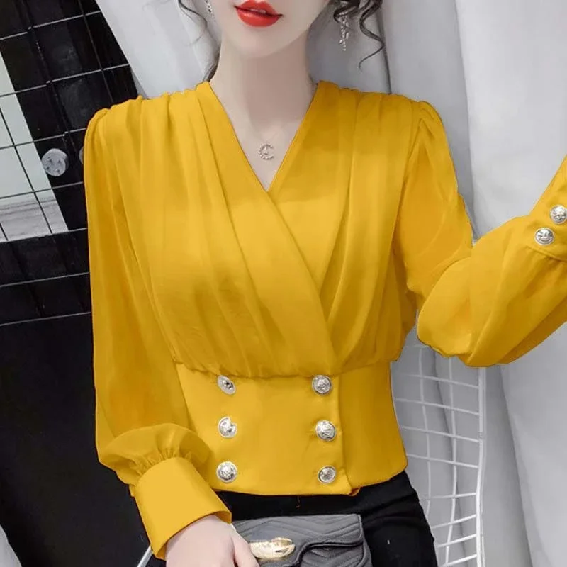 2024 Autumn New Long Sleeve Chiffon Shirt Elegant and Fashionable Waist Wrapped Bubble Sleeve Short Bottom Shirt Top N133