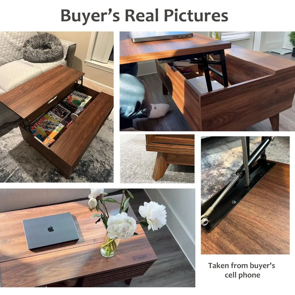 Mid Century Modern Lift Top Coffee Table with Storage, Walnut Living Room Table featuring Sliding Feature
