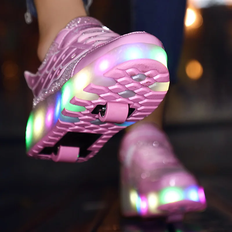 New Style Pink USB Charging Shoe Fashion Girls Boys Women LED Light Roller Skate Shoes Children Kids Sneakers With Wings Wheels