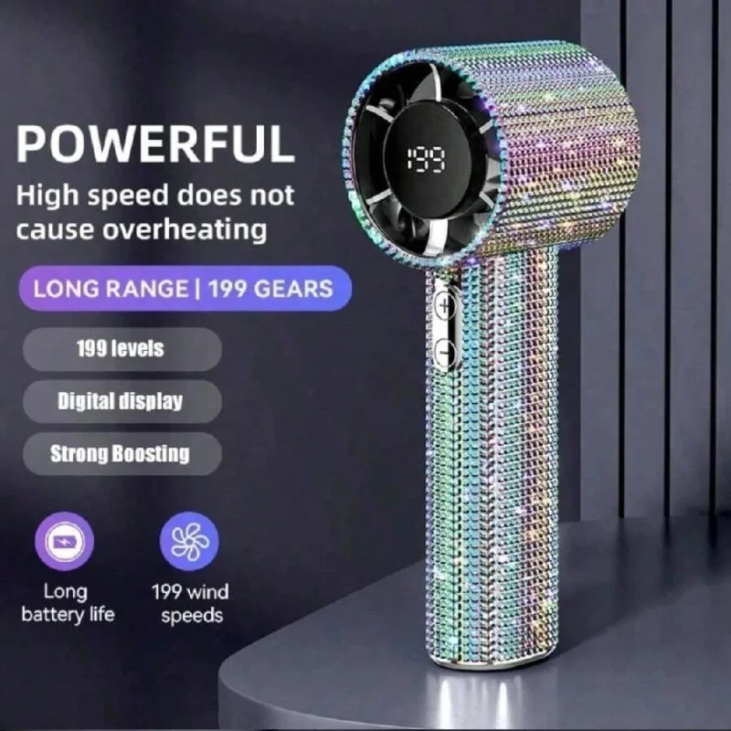 Rhinestone Handheld Fan 199 Speeds Turbo Wind,Digital Display Type-C Rechargeable Quiet Portable Cooling Fan for Outdoor Travel image 2