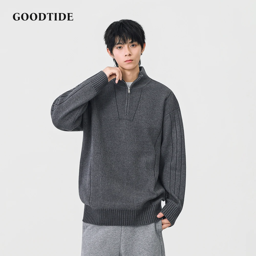 

Модный мужской повседневный свитер с воротником-стойкой на молнии, зима 2025, новый вязаный пуловер в рубчик, удобный мягкий джемпер с длинными рукавами, топ