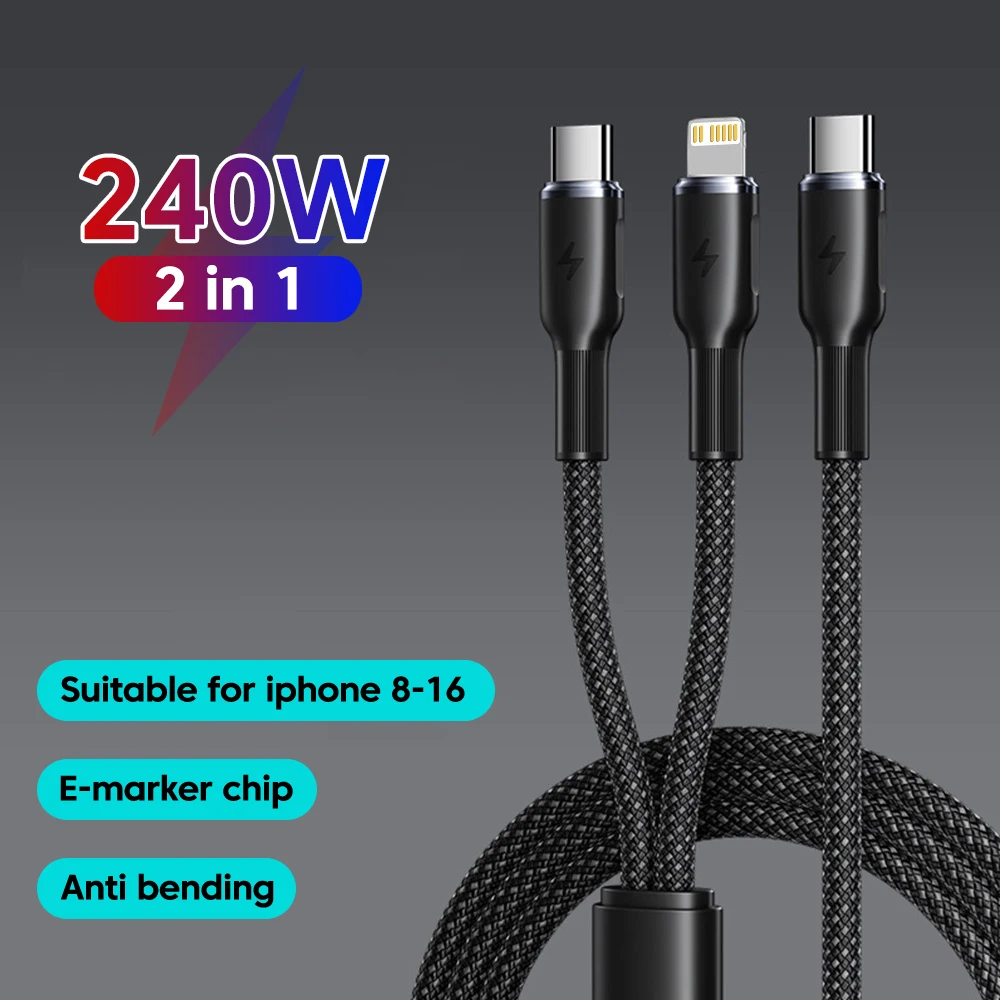 

PD 240W 2in1 Type C Cable Fast Charging C to L Data Cable Mobile Phone USB Charger Cord For iPhone 15 16 S23 Xiaomi Huawei