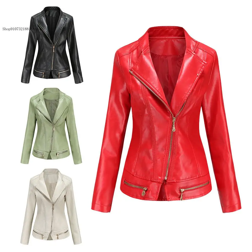 Stylish European American Women\'s Pure Color Pu Leather Jacket Spring and Autumn Zipper Turn-Down Collar Casual Commute Coat