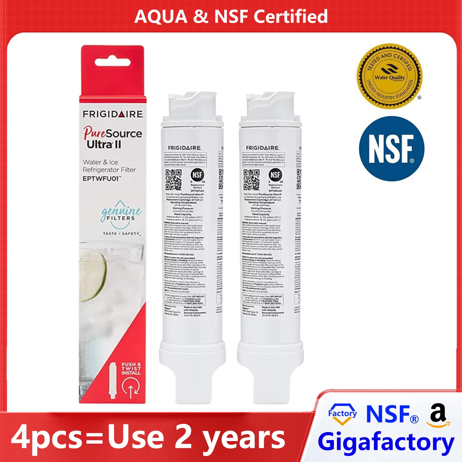 

NSF Certified Brand Genuine EPTWFU01 Refrigerator Water Filter Compatible with EWF02 Frigidaire Pure source Ultra II