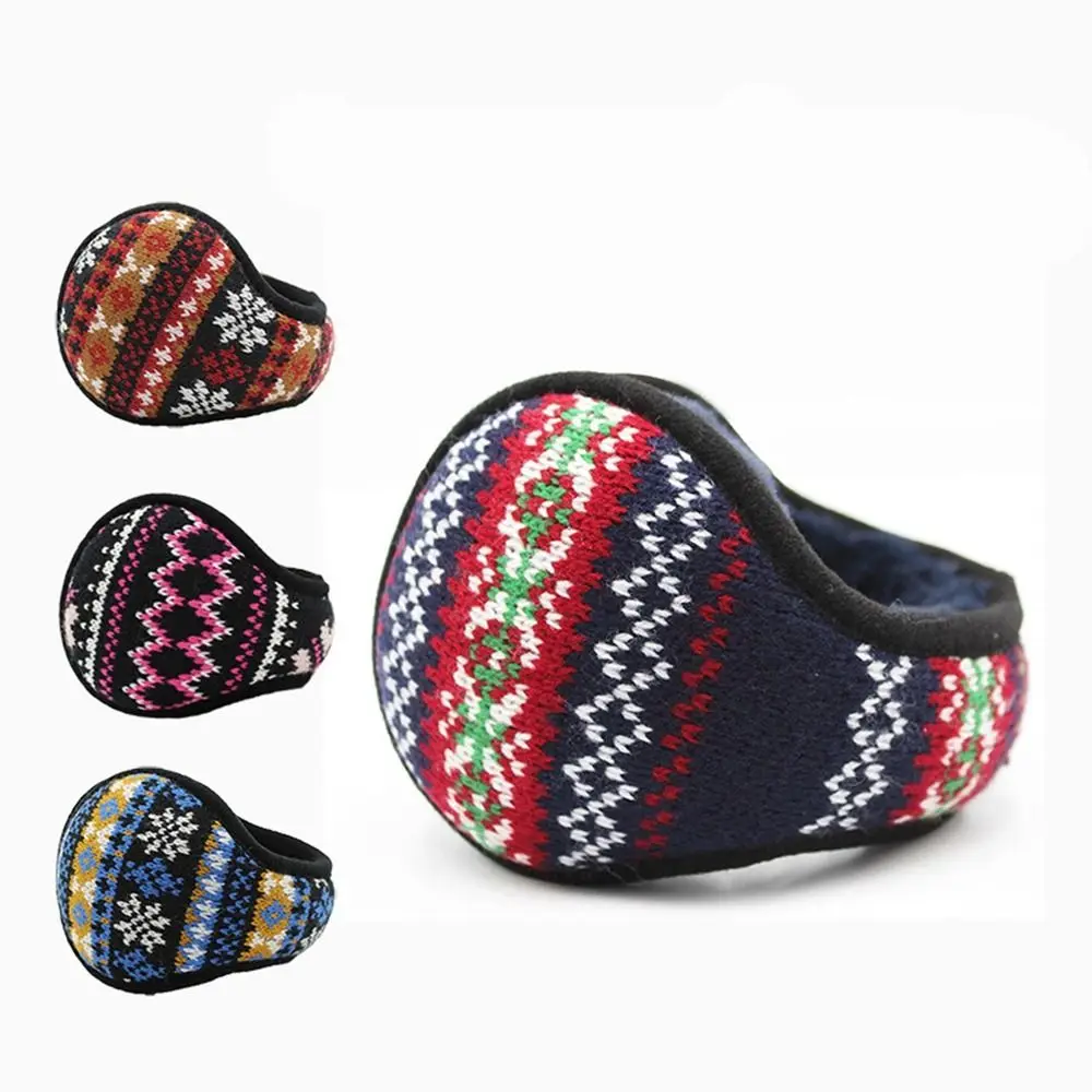 Earmuffs de pelúcia Jacquard tricotados para meninas, boné de ouvido, estilo étnico, mantem aquecedores, tampa dobrável, fofa, inverno